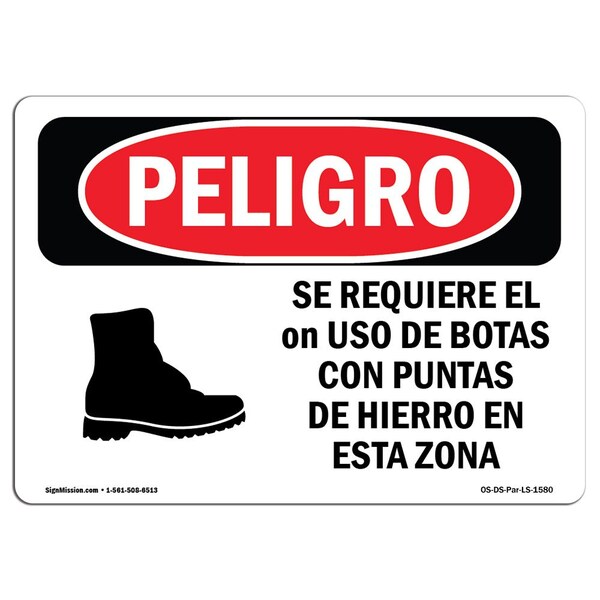 OSHA, Steel Toe Shoes Required In Area Spanish, 18in X 12in Rigid Plastic, OS-DS-P-1218-LS-1580